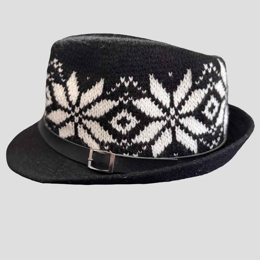 Snowflake Knit Hat Fedora Fitted Unisex Large Black White Winter Fair Isle - Picture 2 of 13